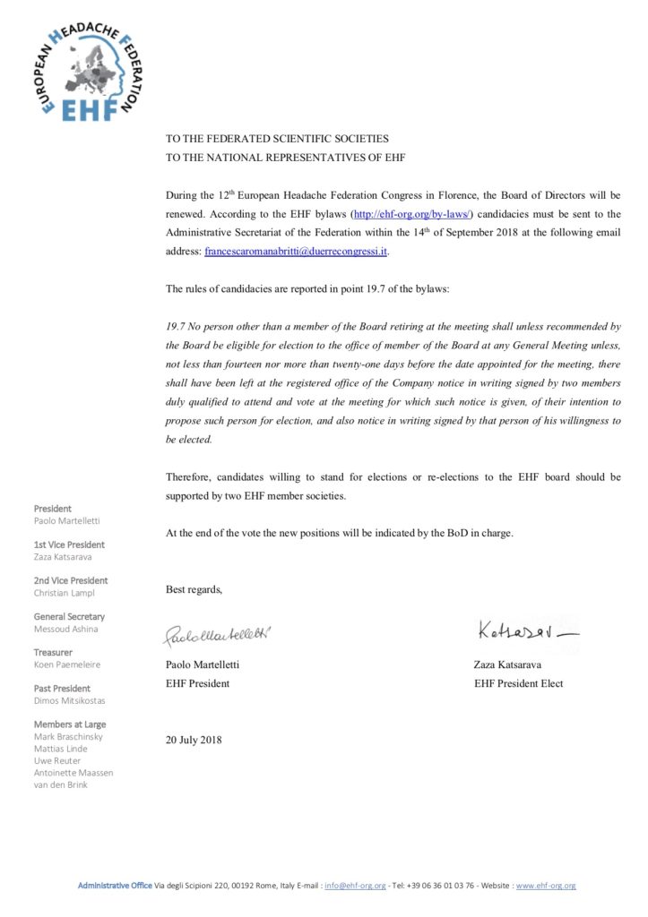 EHF New BoD Letter